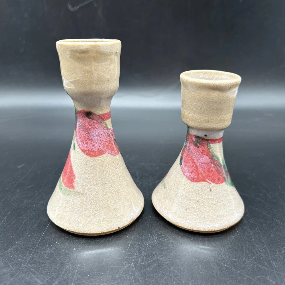 Vtg Art Pottery Stoneware Set Of 2‎ Candlestick Holders Janet Pashin